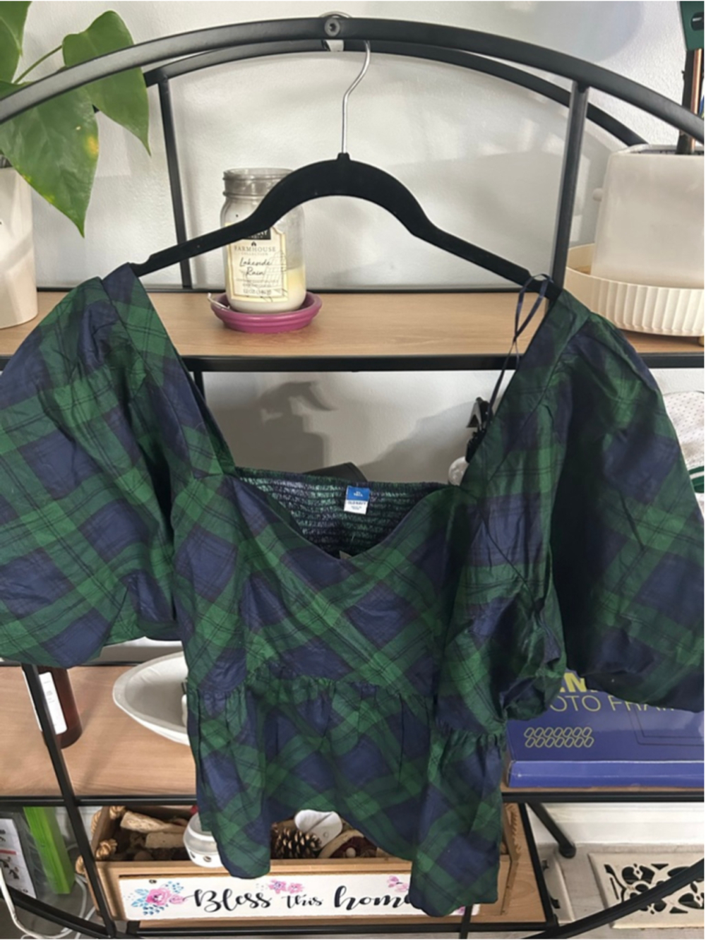 Women's Old Navy Green Navy Plaid Puff Sleeve Top XL